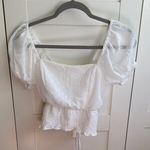 NWT Women's White Puff-Sleeve Square Neck Crop Top with Smocked Waist